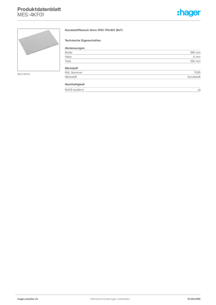 Bild Hager Produktdatenblatt MES-4KF01 | Hager Schweiz