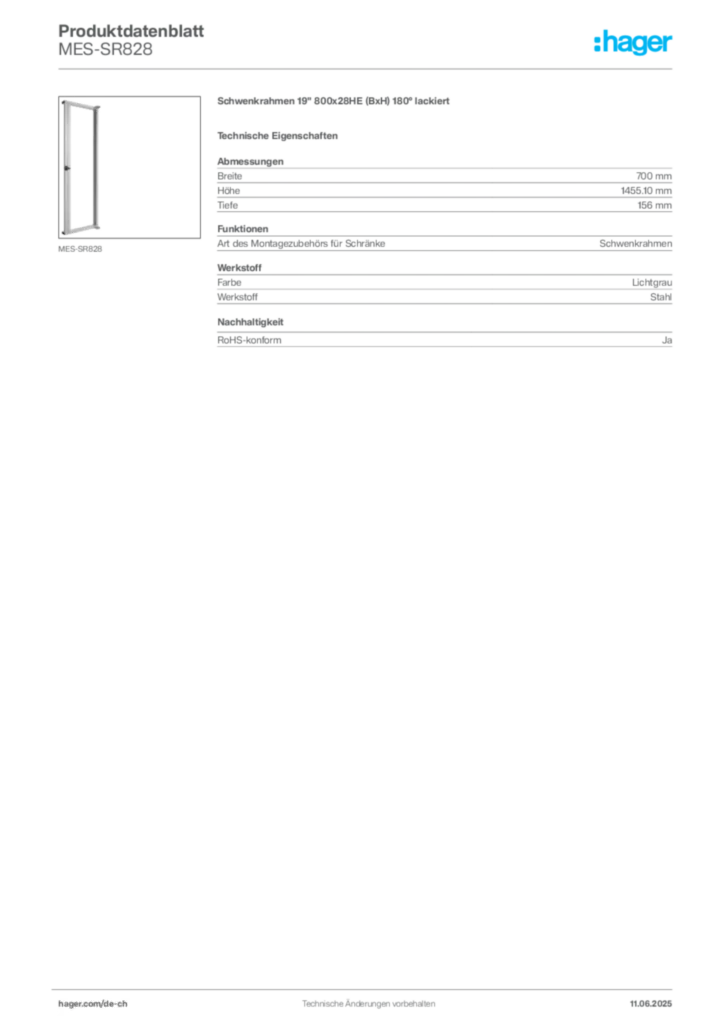 Bild Hager Produktdatenblatt MES-SR828 | Hager Schweiz