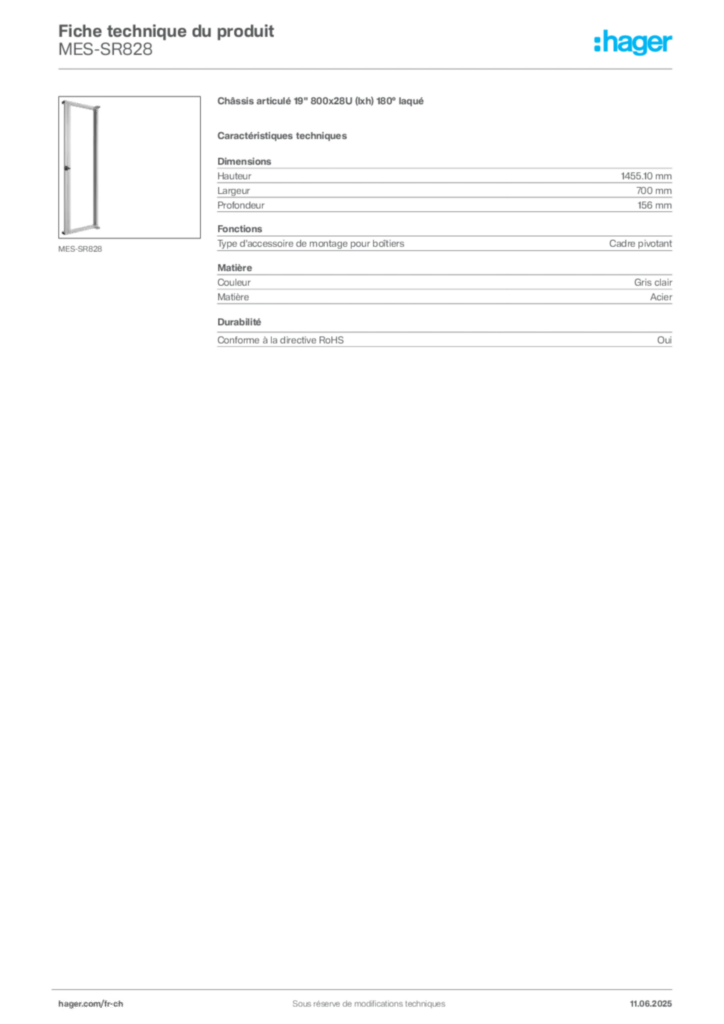 Image Hager Fiche technique du produit MES-SR828 | Hager Suisse