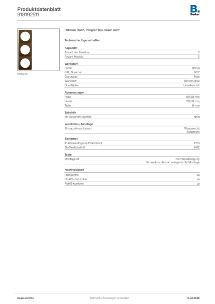 Bild Berker Produktdatenblatt 918192511 | Hager Deutschland