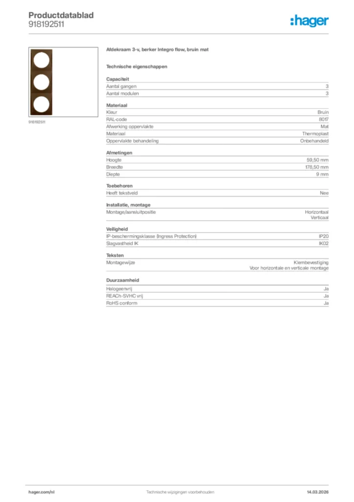 Afbeelding Hager Productdatablad 918192511 | Hager Nederland