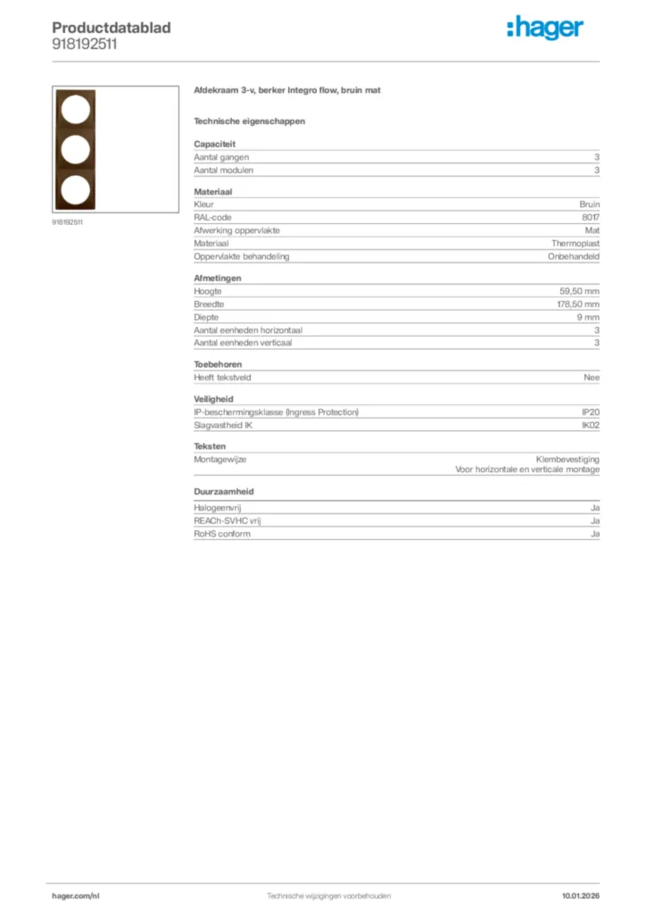 Afbeelding Hager Productdatablad 918192511 | Hager Nederland