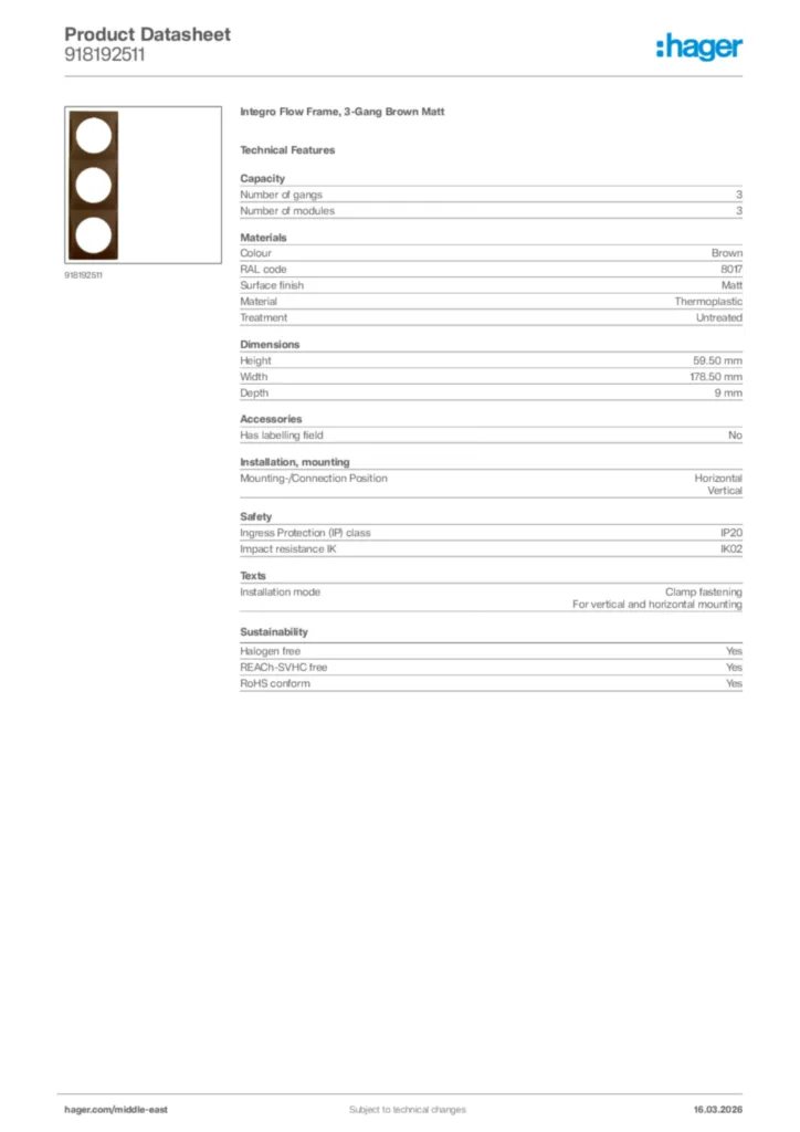 Image Hager Product data sheet 918192511  | Hager