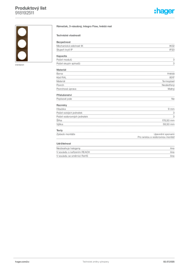 Obrázek Hager Produktový list 918192511 | Hager