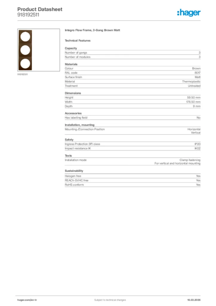Image Hager Product data sheet 918192511  | Hager