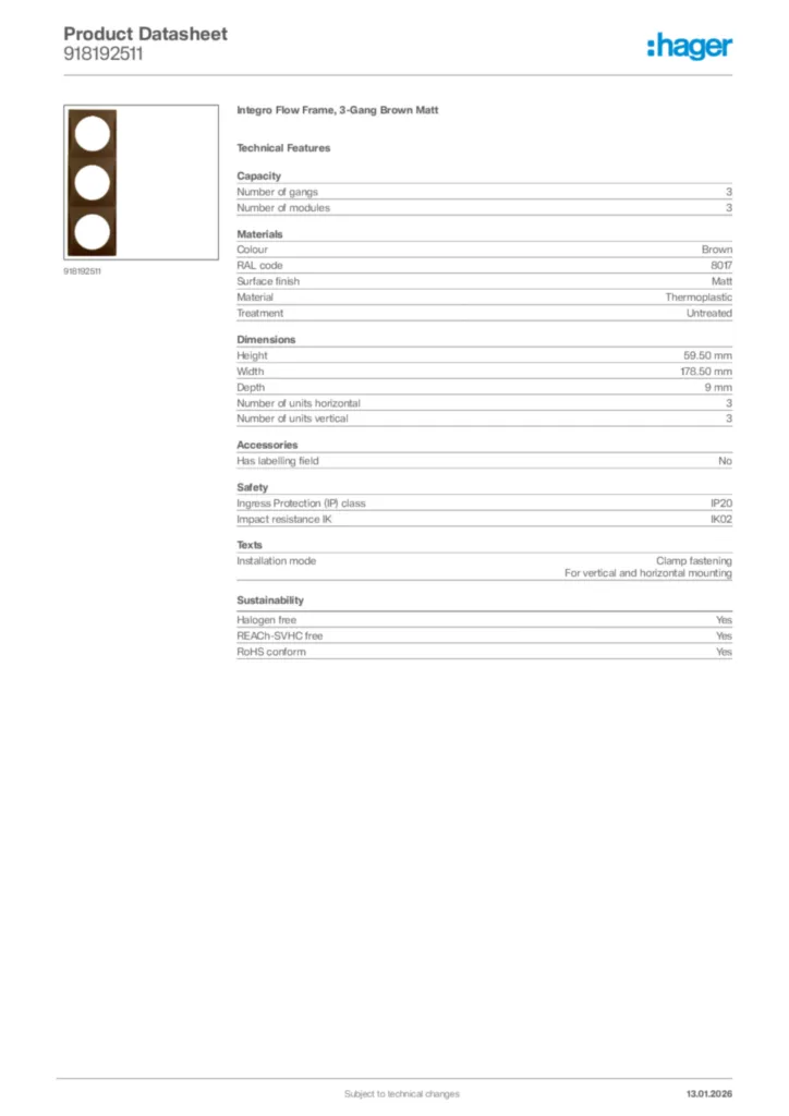 Image Hager Product data sheet 918192511  | Hager