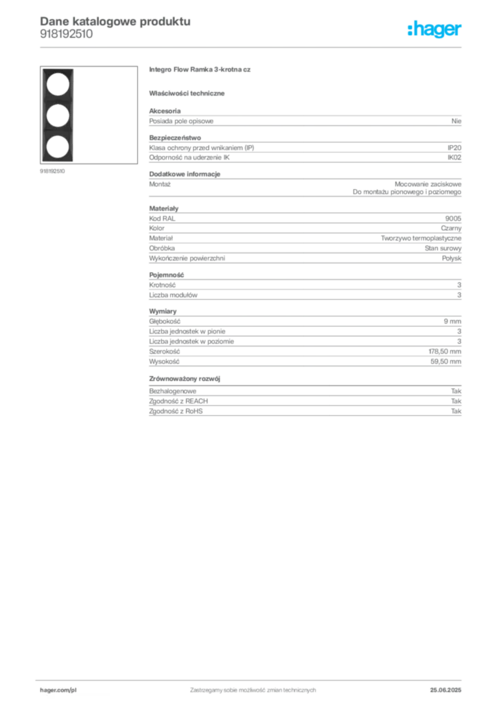 Zdjęcie Hager Dane katalogowe produktu 918192510 | Hager Polska