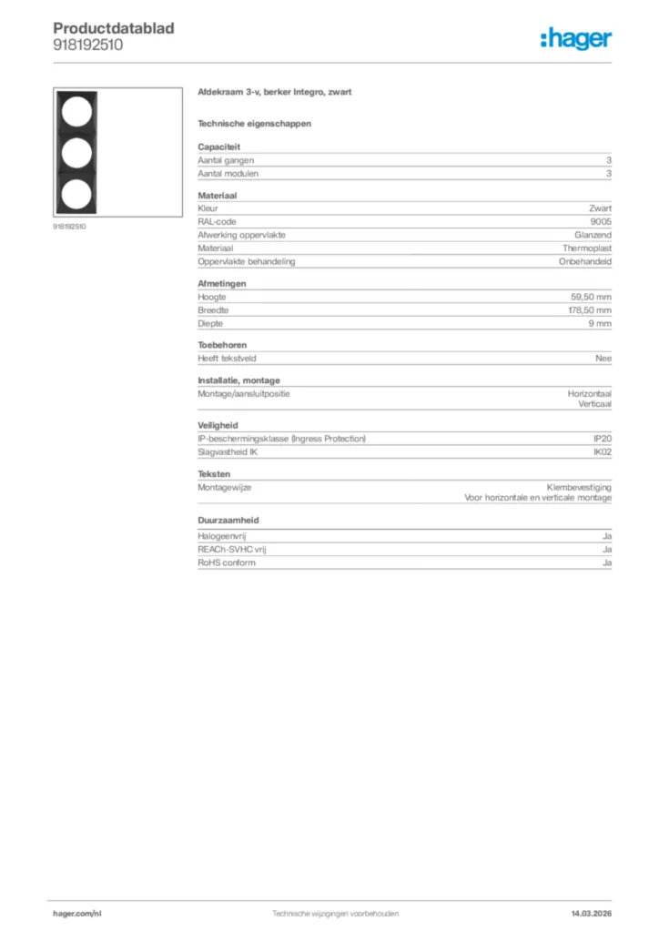 Afbeelding Hager Productdatablad 918192510 | Hager Nederland