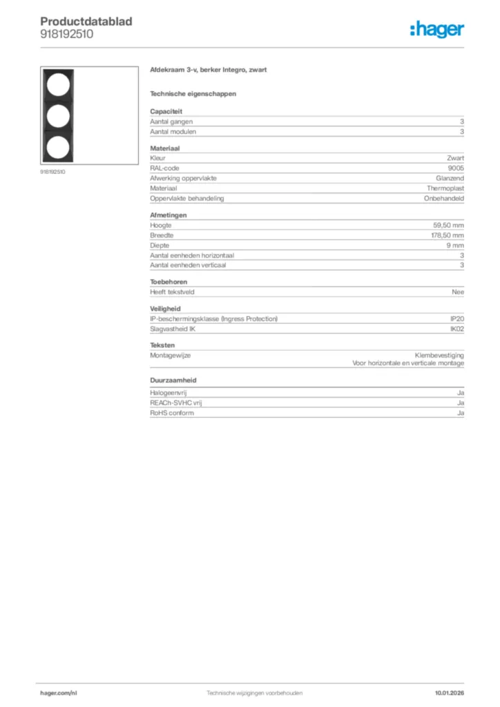 Afbeelding Hager Productdatablad 918192510 | Hager Nederland