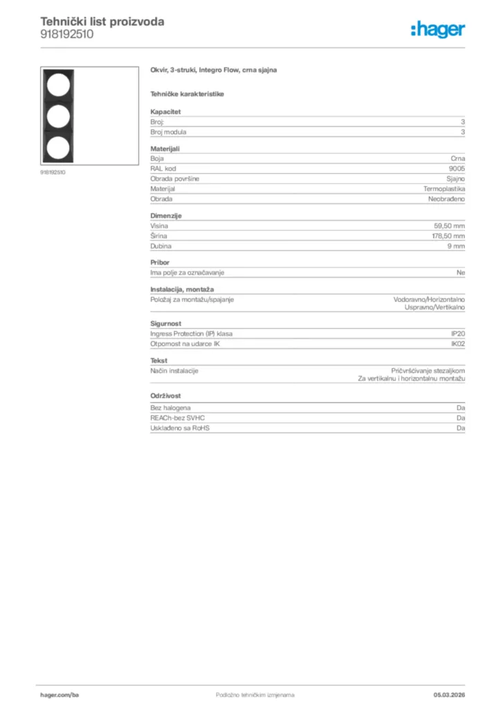 Slika Hager Tehnički list proizvoda 918192510  | Hager