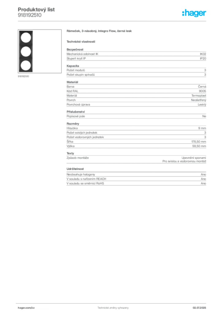 Obrázek Hager Produktový list 918192510 | Hager
