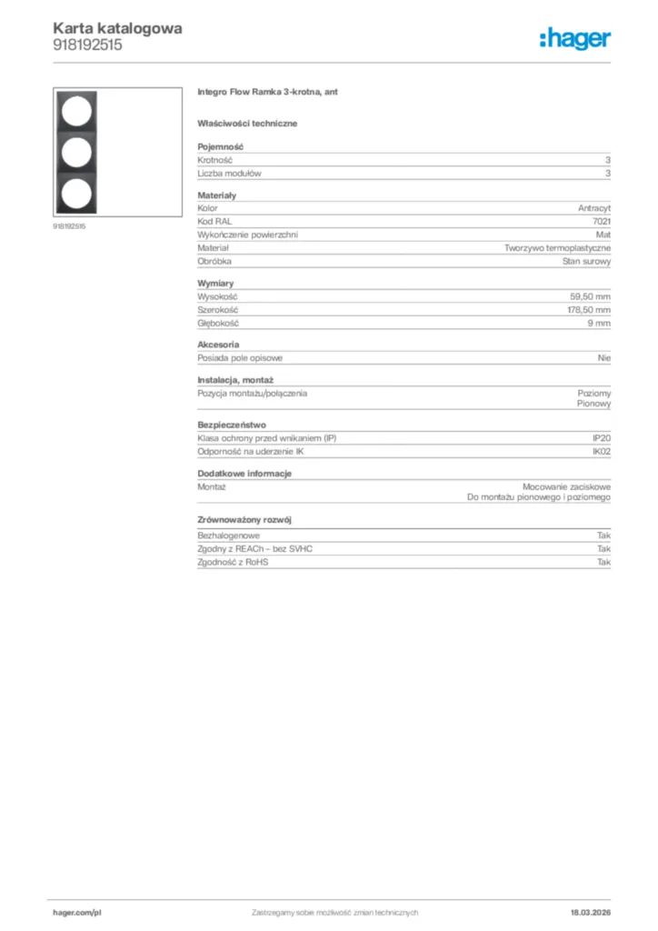Zdjęcie Hager Karta katalogowa 918192515 | Hager Polska