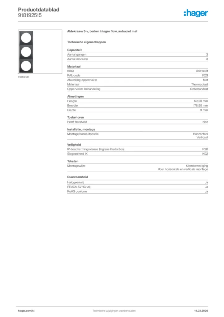 Afbeelding Hager Productdatablad 918192515 | Hager Nederland