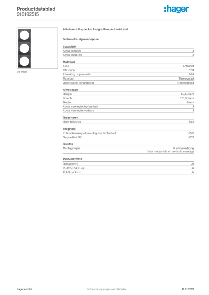 Afbeelding Hager Productdatablad 918192515 | Hager Nederland
