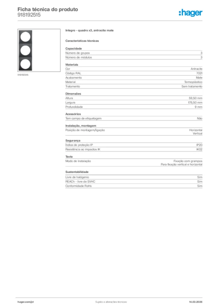 Imagem Hager Ficha técnica do produto 918192515 | Hager Portugal