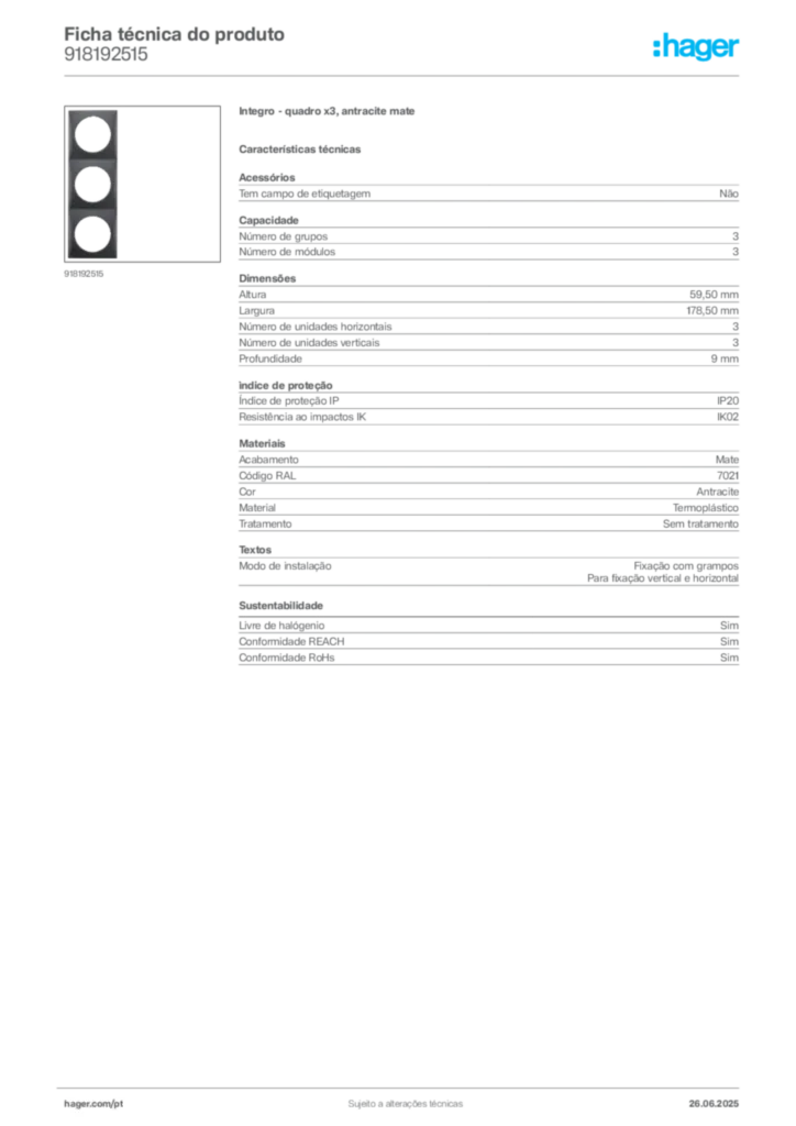 Imagem Hager Ficha técnica do produto 918192515 | Hager Portugal