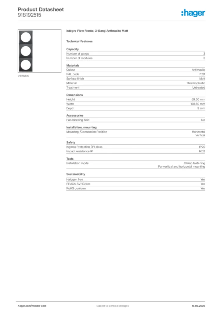 Image Hager Product data sheet 918192515  | Hager