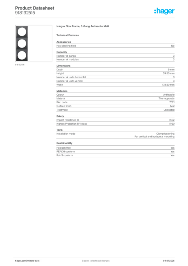 Image Hager Product data sheet 918192515  | Hager