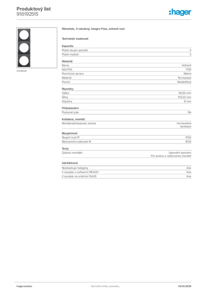 Obrázek Hager Product data sheet 918192515 | Hager