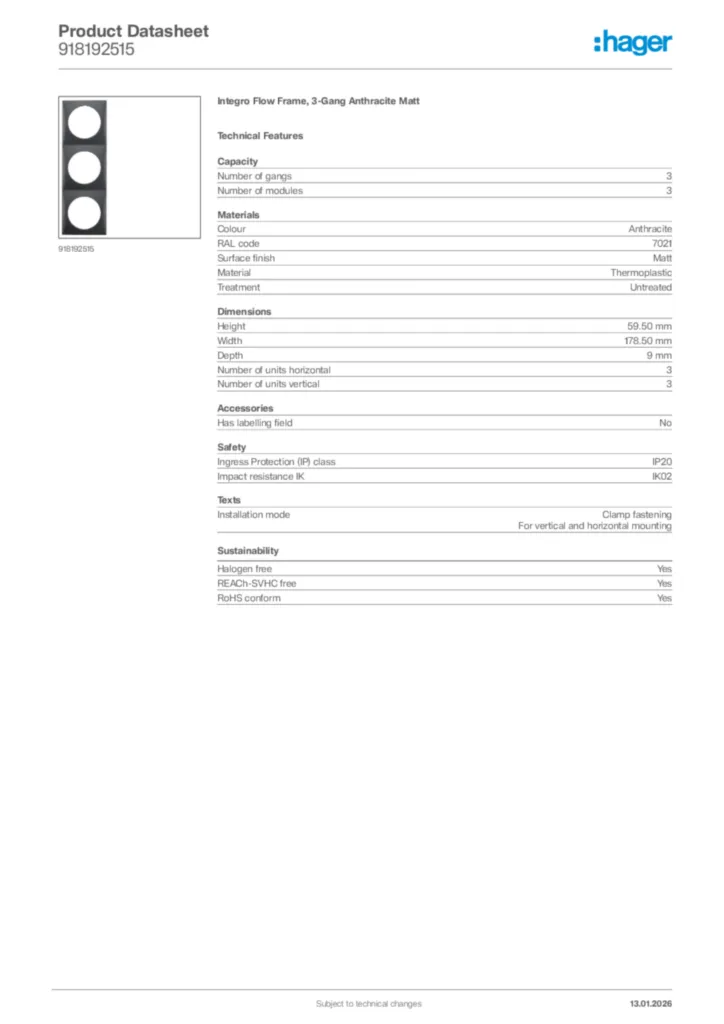 Image Hager Product data sheet 918192515  | Hager