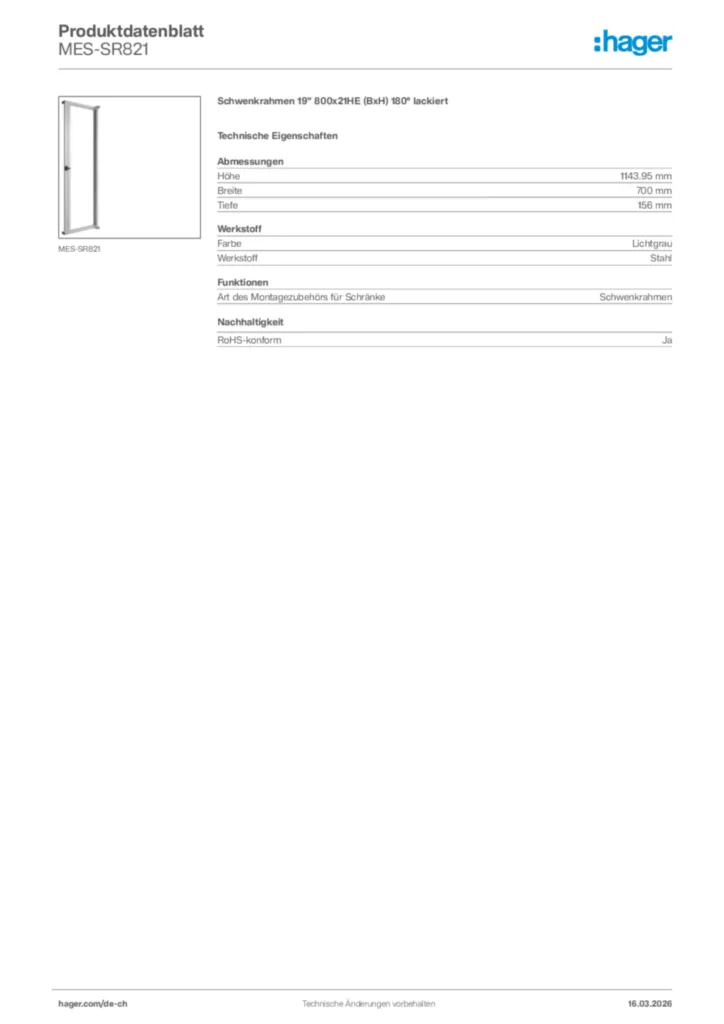 Bild Hager Produktdatenblatt MES-SR821 | Hager Schweiz