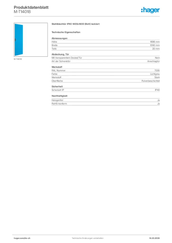 Bild Hager Produktdatenblatt M-T14018 | Hager Schweiz