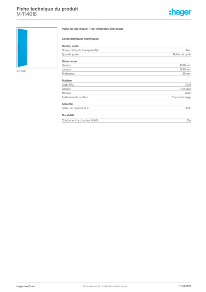 Image Hager Fiche technique du produit M-T14018 | Hager Suisse