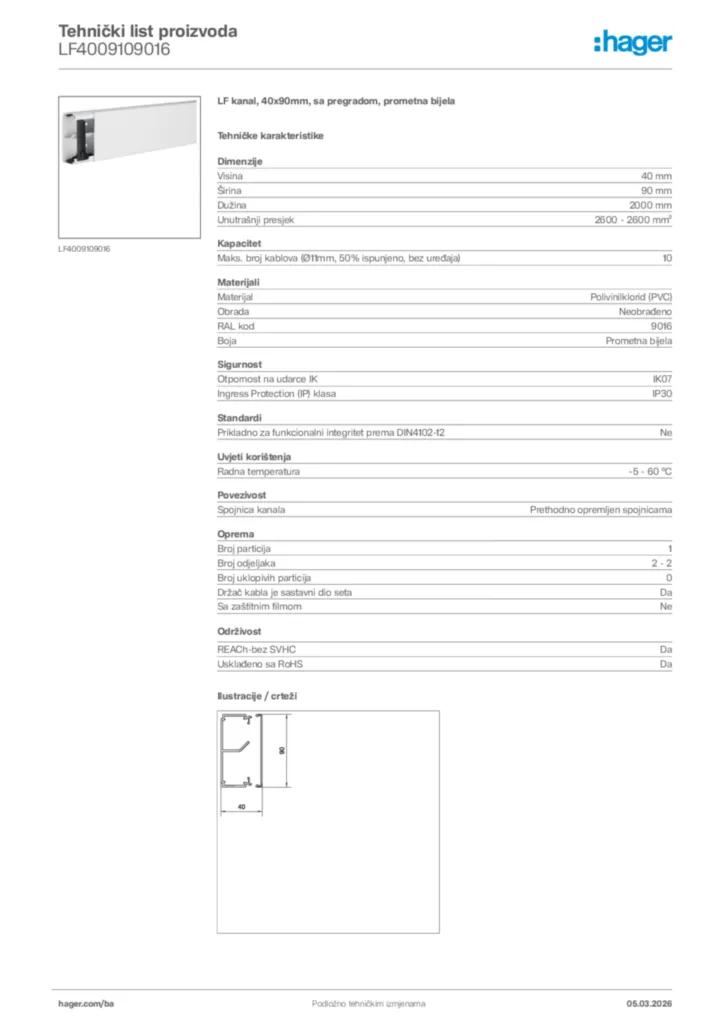 Slika Hager Tehnički list proizvoda LF4009109016  | Hager