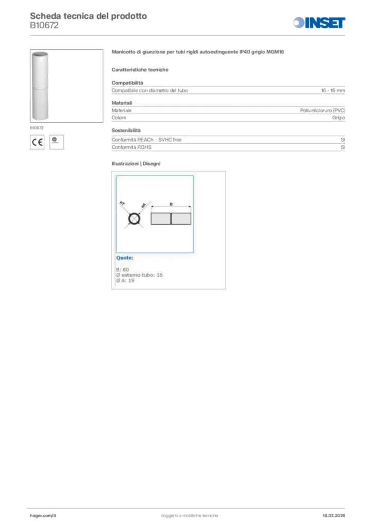 Immagine Inset Scheda tecnica del prodotto B10672 | Hager Italia