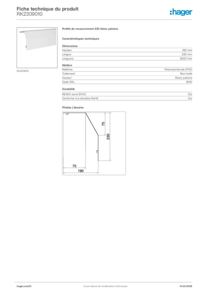 Image Hager Fiche technique du produit RK2309010 | Hager France