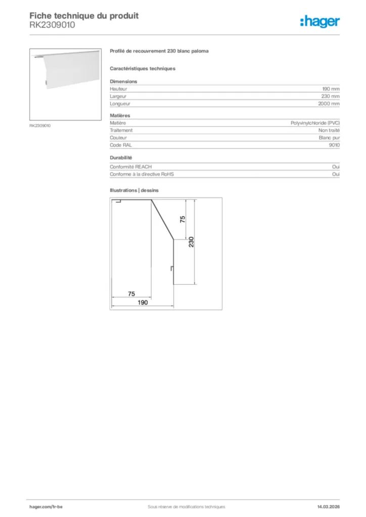 Image Hager Fiche technique du produit RK2309010 | Hager Belgique