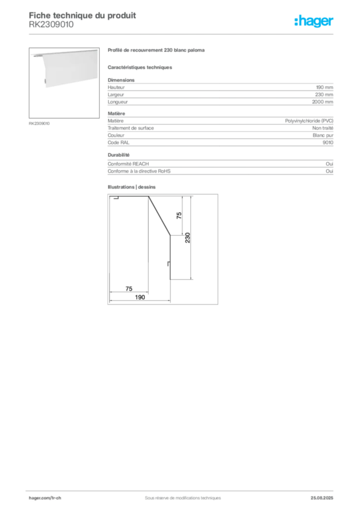 Image Hager Fiche technique du produit RK2309010 | Hager Suisse