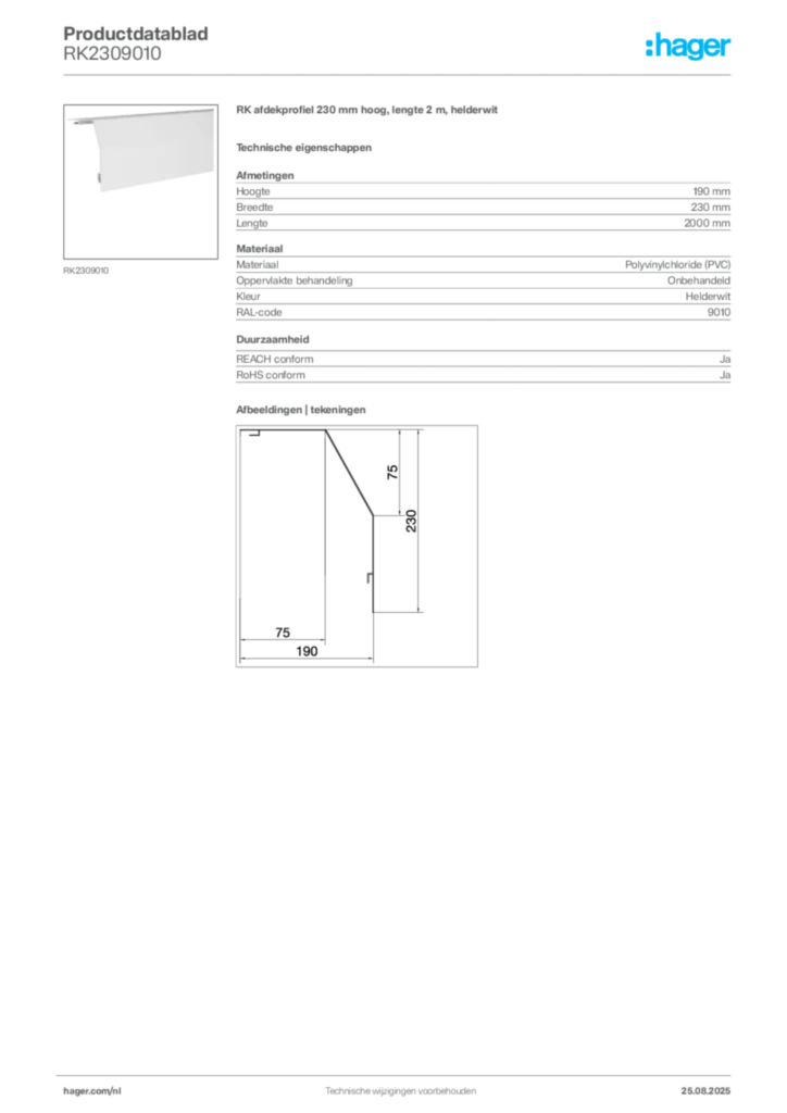 Afbeelding Hager Productdatablad RK2309010 | Hager Nederland