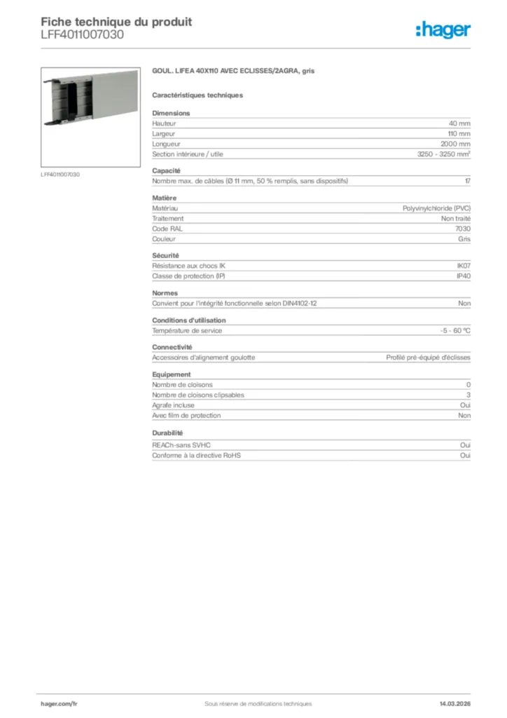 Image Hager Fiche technique du produit LFF4011007030 | Hager France