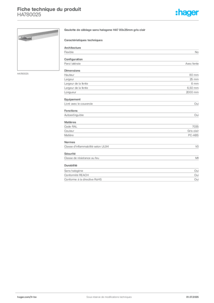 Image Hager Fiche technique du produit HA780025 | Hager Belgique