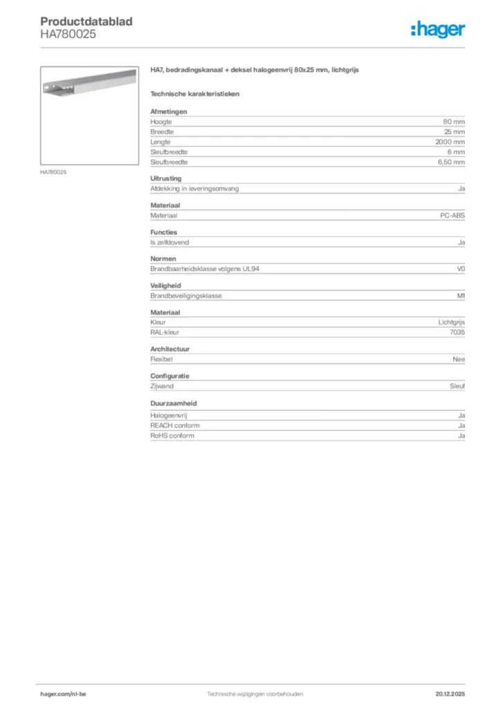 Afbeelding Hager Productdatablad HA780025 | Hager Belgium