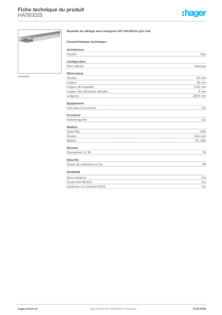 Image Hager Fiche technique du produit HA780025 | Hager Suisse