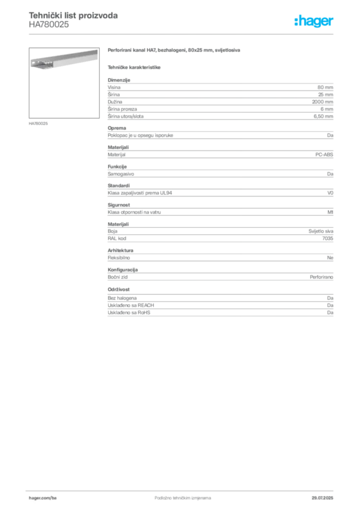 Slika Hager Product data sheet HA780025  | Hager
