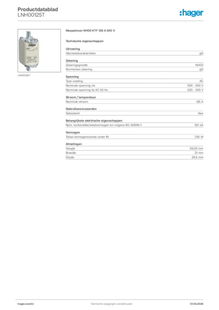 Afbeelding Hager Productdatablad LNH00125T | Hager Nederland