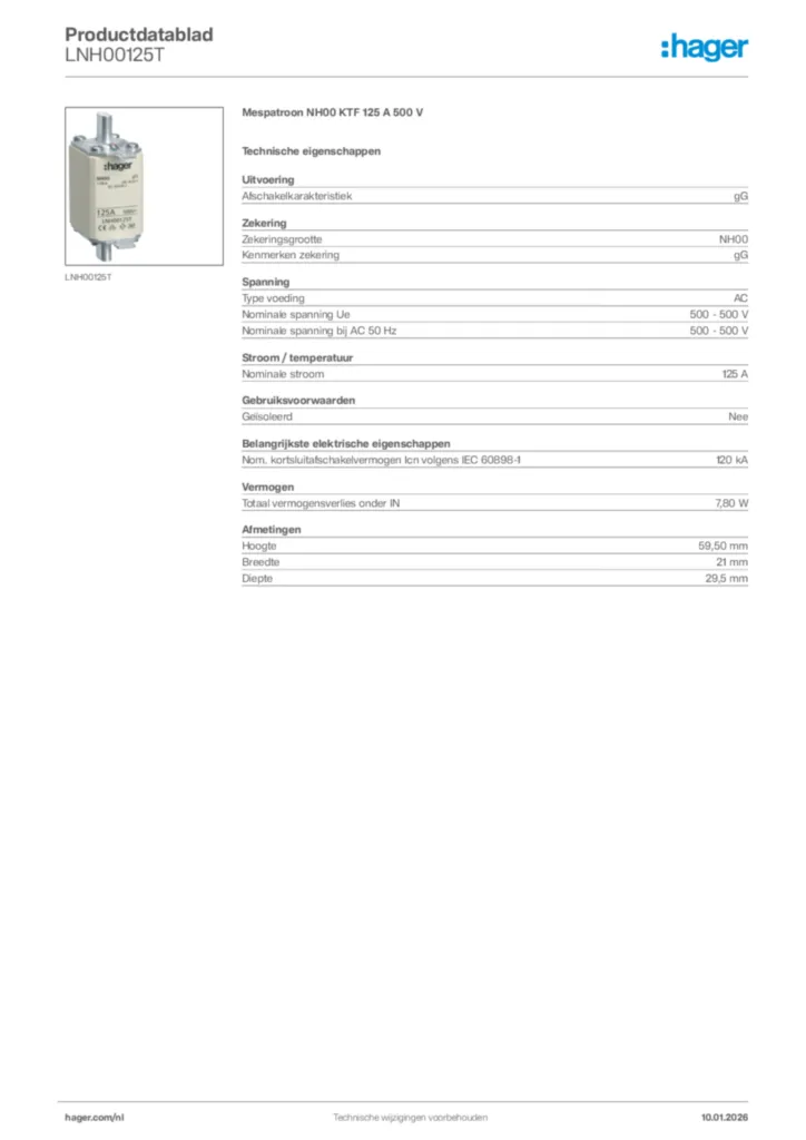 Afbeelding Hager Productdatablad LNH00125T | Hager Nederland