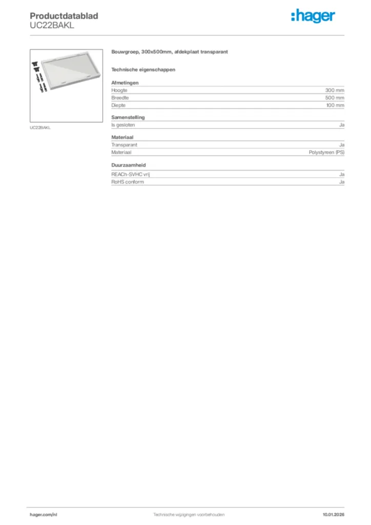 Afbeelding Hager Productdatablad UC22BAKL | Hager Nederland