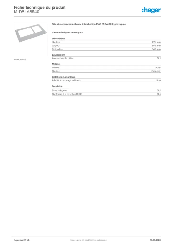 Image Hager Fiche technique du produit M-DBLA8540 | Hager Suisse