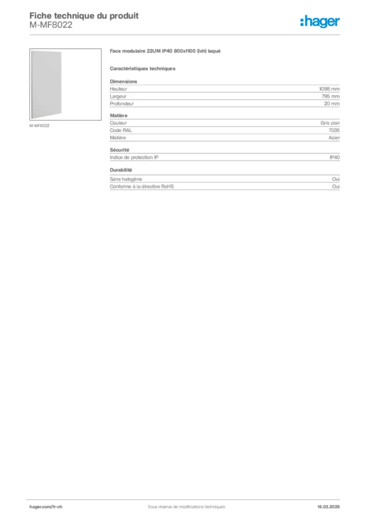Image Hager Fiche technique du produit M-MF8022 | Hager Suisse