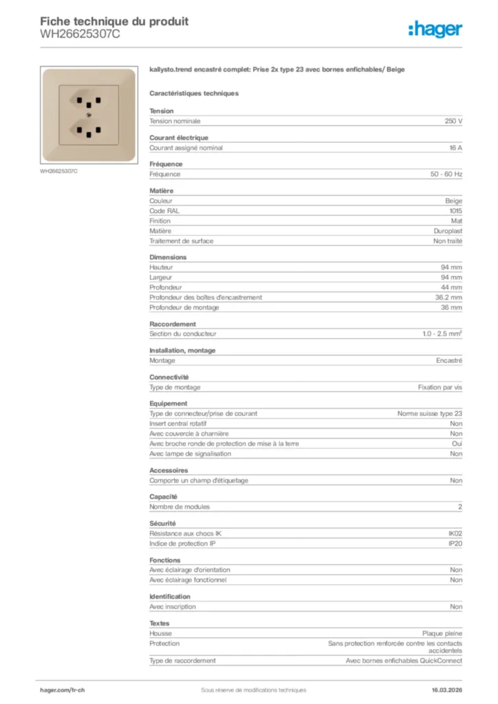 Image Hager Fiche technique du produit WH26625307C | Hager Suisse