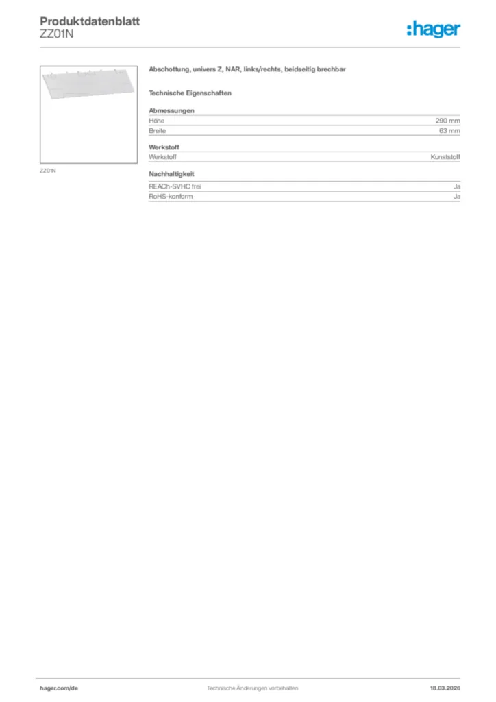 Bild Hager Produktdatenblatt ZZ01N | Hager Deutschland