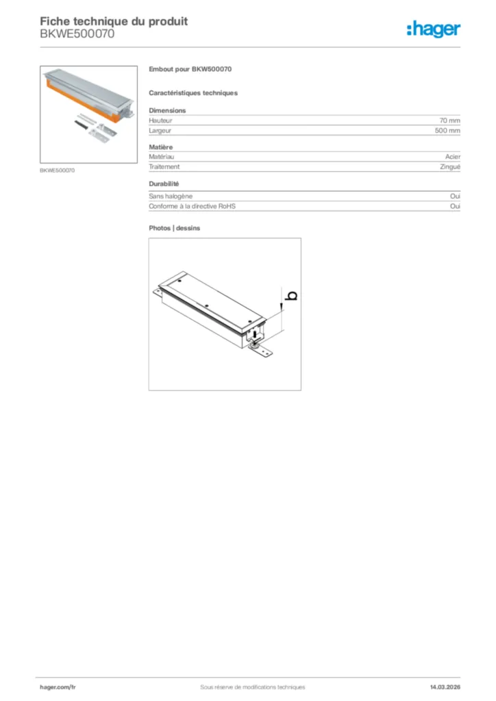 Image Hager Fiche technique du produit BKWE500070 | Hager France
