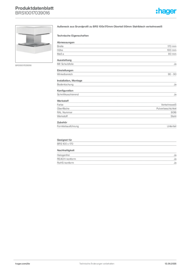Bild Hager Produktdatenblatt BRS10017039016 | Hager Deutschland