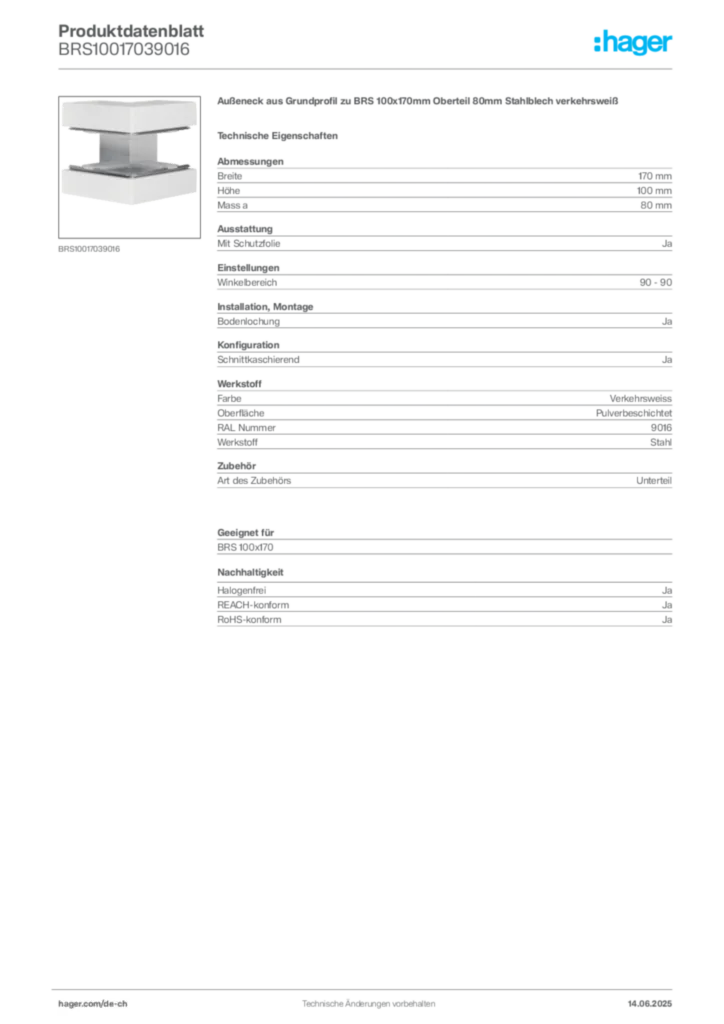 Bild Hager Produktdatenblatt BRS10017039016 | Hager Schweiz