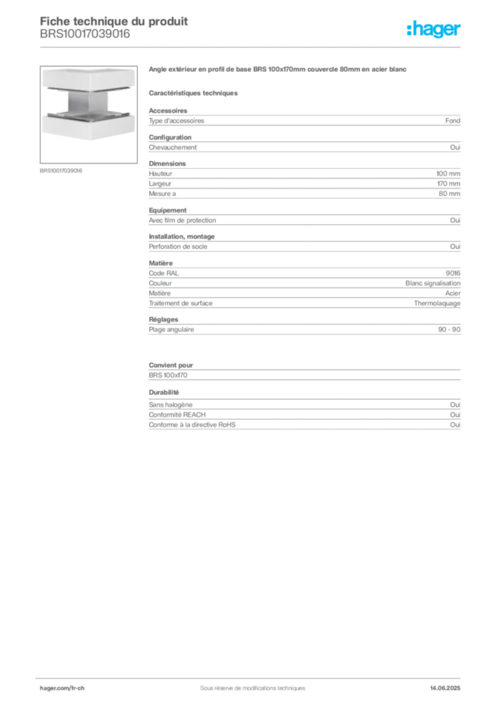 Image Hager Fiche technique du produit BRS10017039016 | Hager Suisse