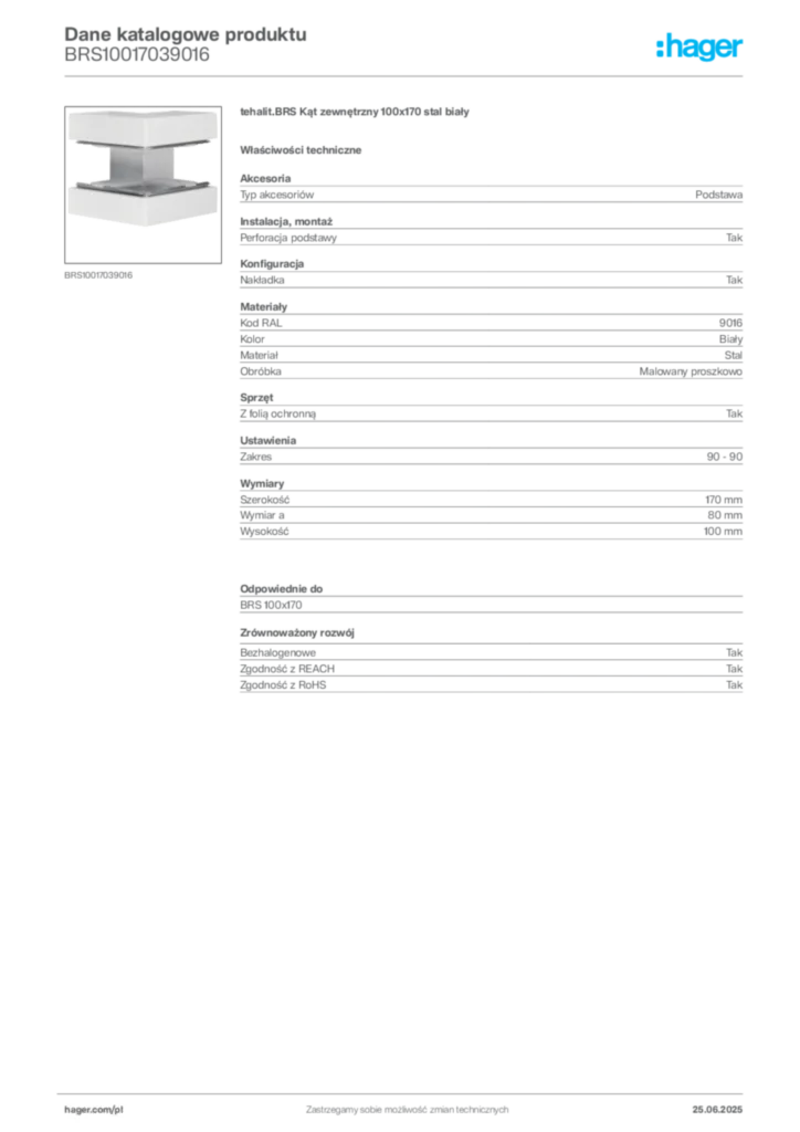 Zdjęcie Hager Dane katalogowe produktu BRS10017039016 | Hager Polska